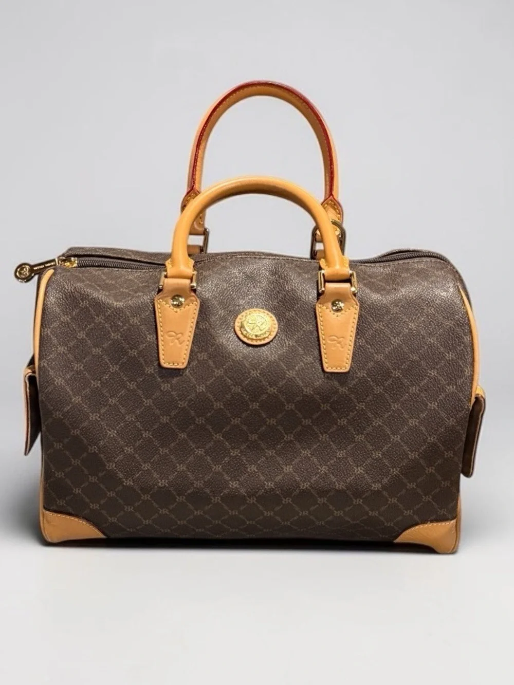 Rioni Moda Italia Boston Handbag Satchel Large Coated Canvas Zip Top Purse